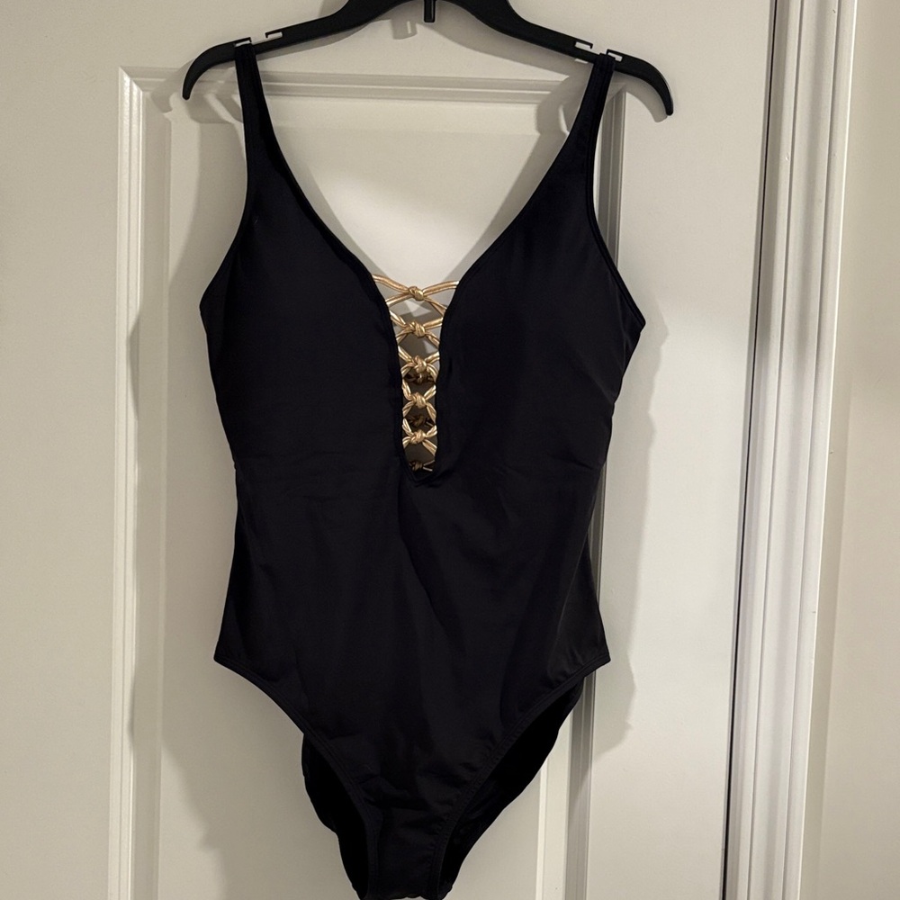 Bleu Rod Beattie Black One-Piece Swimsuit with Gold Lattice Detail